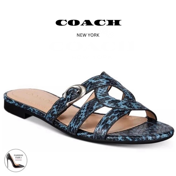 Coach Kennedy Mineral Leather Blue Black Snake Animal Print Flat Slide Sandal 10 - Picture 1 of 4